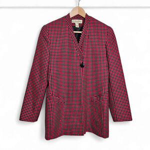 Christian Dior Womens Vintage 80s Pink Black Houndstooth Wool Blazer Size 10